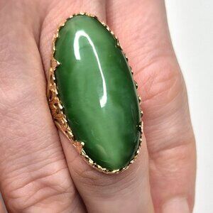Stamped 585 Solid Gold Jade Ring • Natural Green Jade Cabochon • Size 7.5